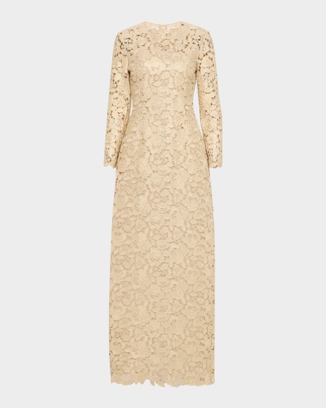 Crystal Rose Guipure Long-Sleeve Gown